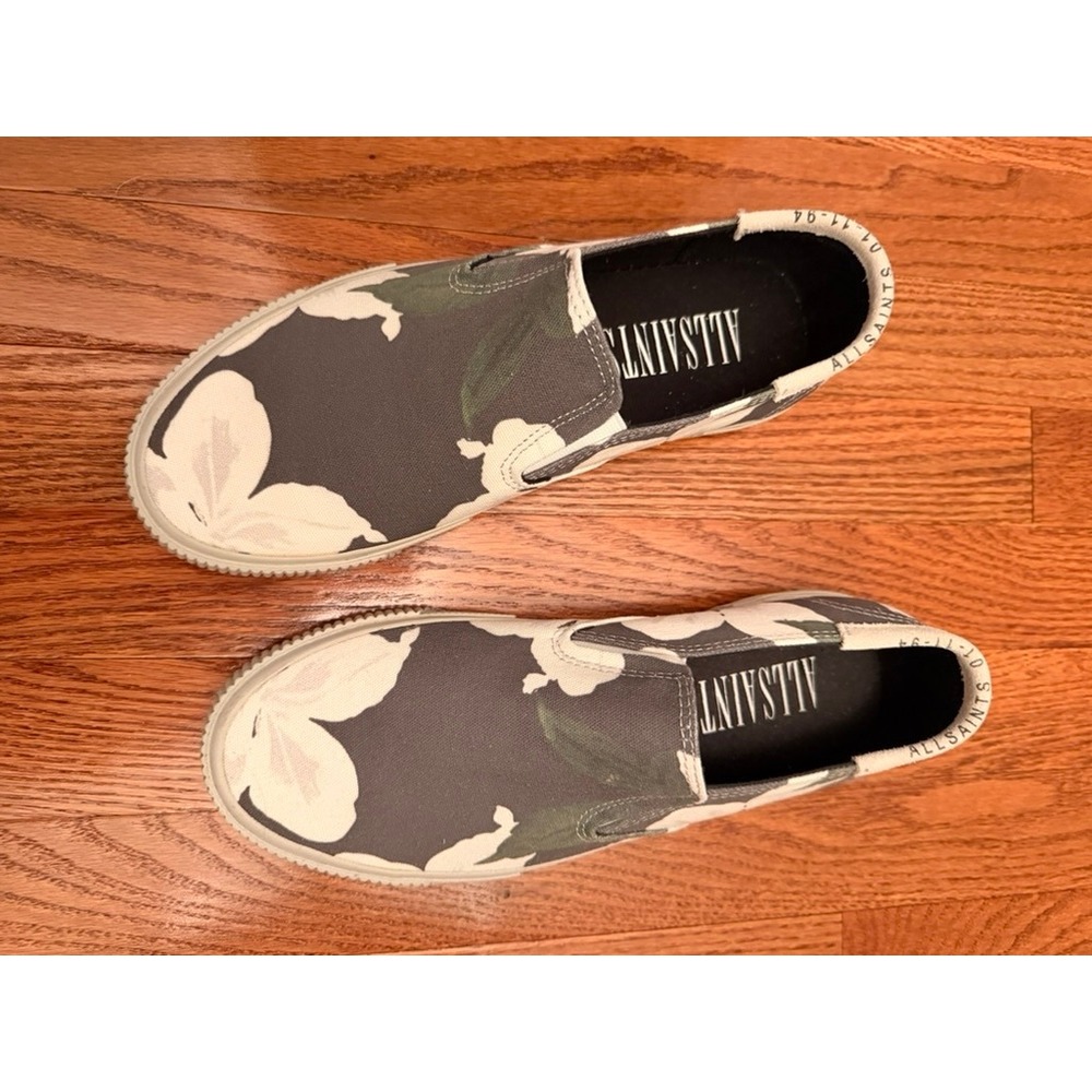 AllSaints Slip On Shoes Mens 41 Grey White Floral Canvas Sneakers Low Top